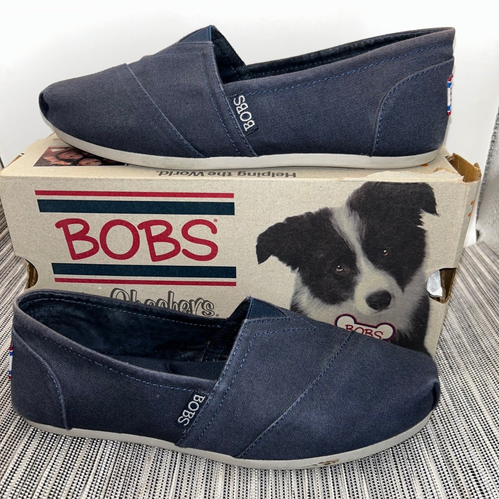 Skechers BOBS Plush Peace and Love Navy Canvas Slip On Flats 33645 Women Size 6